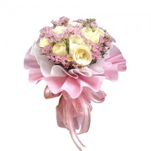 buket tangan valentine mawar putih pita pink