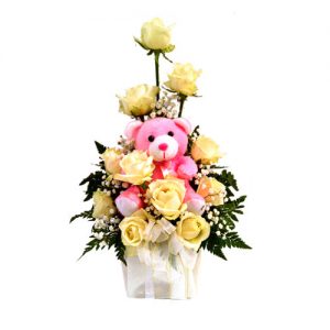 bunga meja mawar putih boneka teddy bear harga 300 ribu