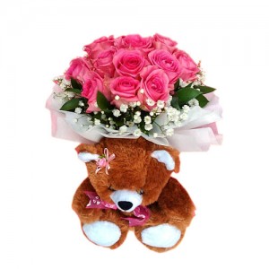 hadiah valentine boneka bunga mawar pink