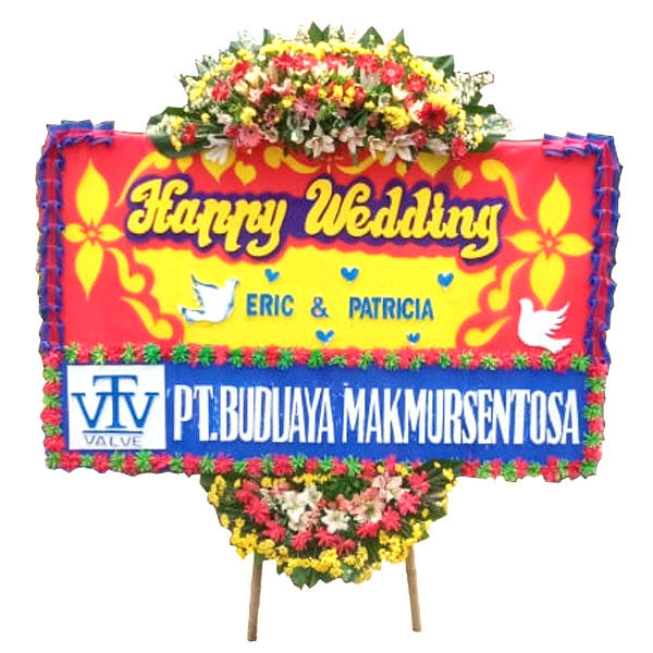bunga papan happy wedding harga 500 ribu.pink biru budidaya makmur sentosa