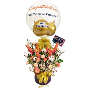 bunga meja murah ucapan congratulations the sultan cabang ke 3 bunga balon dan coklat silverqueen harga 850 ribu